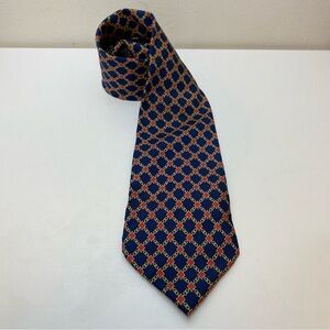 Burberry | Vintage Geometric Square Chain Print Silk Neck Tie Navy Gold Red